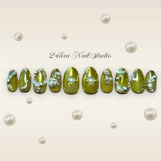 @24hranailstudio custom press-ons Green Gold Nails, Jewel Nails, Nail Jewels, Cuticle Pusher