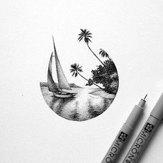 a pencil drawing of a sailboat on the water with palm trees in the background