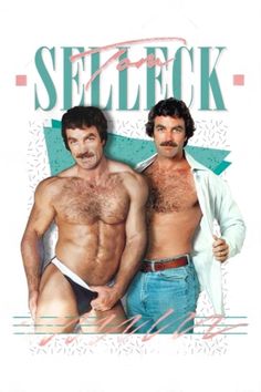 two shirtless men standing next to each other in front of a poster with the words see