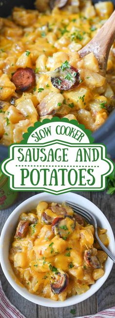 this slow cooker sausage and potato casserole is an easy dinner that's ready in less than 30 minutes