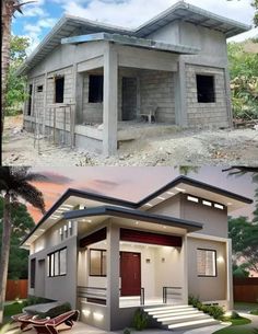 two pictures side by side of a house and the same one has been built into it