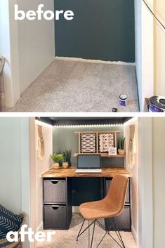 before and after pictures of a small home office area with desk, chair, and storage bins