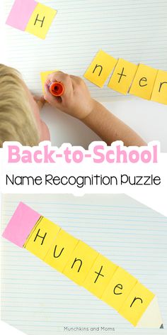 the back to school name recognition puzzle is made with construction paper and colored crayons