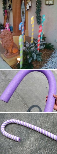 there are two pictures with different colored objects in the same photo and one has a purple tube