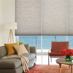 a living room with two couches and a table in front of a window that has blinds on it