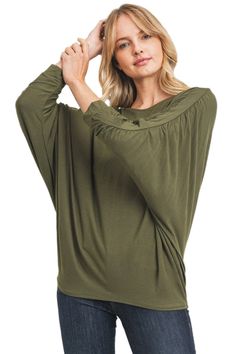 Billowy Casual Tops For Fall, Casual Billowy Tops For Fall, Oversized Green Tops With 3/4 Sleeves, Slouchy Top For Spring, Versatile 3/4 Sleeve Tops For Fall, Rectangle Body Shape, Everyday Basics, Boat Neckline, Jersey Top