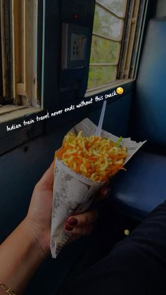 a person holding a paper bag filled with fries on top of a train next to a window