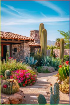 a cactus garden with flowers and cacti in front of a stone house on a sunny day