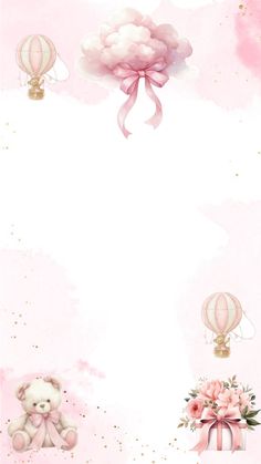 a pink watercolor background with teddy bears and hot air balloons in the sky above it