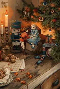 a painting of two people sitting in front of a christmas tree