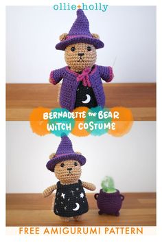 two crocheted teddy bears dressed in halloween costumes, one wearing a witch hat and the other holding a caulder