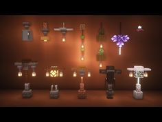 a bunch of different types of lights and objects in a dark room with brown walls