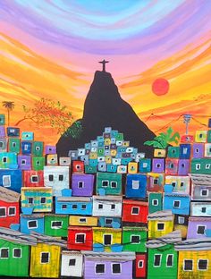 a painting of colorful houses in front of a mountain with a cross on top and the sun setting behind it