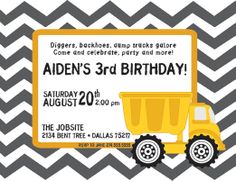 a yellow dump truck birthday party invitation with chevron background and black text on the front