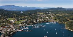 an aerial view of a harbor with sailboats in the water and mountains in the background