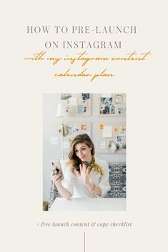 a woman sitting at a desk in front of a laptop computer with the text how to pre - launch an instagram on instagram