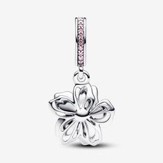 Celebrate the first signs of spring with our sterling silver Cherry Blossom Dangle Charm. Featuring hand-applied pink and white enamel and accented by sparkling pink cubic zirconia, the petals on our cherry blossom rotate slightly, as if they were being blown in the breeze. A pavé-covered bail is the finishing touch on this must-have floral charm. Style it with other cool-toned jewellery for a warm spring look. - Pandora Cherry Blossom Dangle Charm - Enamel / Sterling silver / Cubic Zirconia / P Pandora Japanese Charm, Cute Pandora Charms, Pandora Charms Pink, Pink Charms, Charms For Pandora Bracelet, Chain Bracelet Diy, First Signs Of Spring, Pandora Bracelet Charms Ideas, Pearl Diamond Jewelry