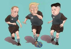 three cartoon images of two men playing soccer, one is wearing a black shirt and the other has a brown suit