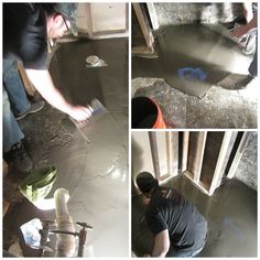 three pictures of a man pouring cement into a floor with a bucket and spatula