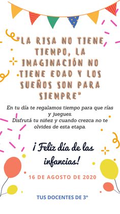 a birthday card with balloons and confetti on the side, in spanish language