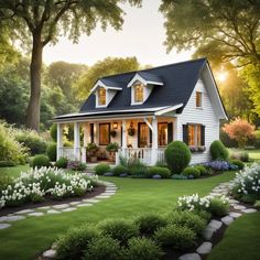 a small white house surrounded by lush green grass and flowers in the front yard with stepping stones leading up to it