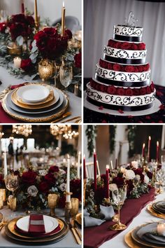 the table is decorated with red roses and gold place settings, silverware and candles