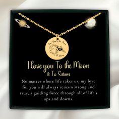 Experience the enchanting world of "Seven" with this exquisite necklace and message card, personalized just for you. Featuring a beautiful Moon and Saturn charm, this necklace is a perfect gift for any fan who loves the song "Seven." You can make it even more special by adding a personalized quote, message, date, or coordinates on the back. Imagine the joy on her face when she opens this gift and discovers the personalized necklace along with the heartfelt message - it's sure to make her feel lo Mother's Day Jewelry With Moon Charm, Mother's Day Moon Charm Jewelry Gift, Mother's Day Gift Jewelry With Moon Charm, Engraved Moon Necklace For Gift, Mother's Day Necklace With Moon Charm, Mother's Day Gift Necklace With Moon Charm, Mother's Day Gift Necklaces With Moon Charm, Moon Charm Necklace With Round Pendant As Gift, Personalized Moon-shaped Jewelry Gift