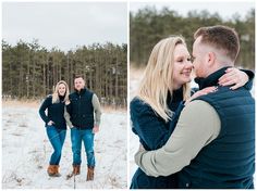 an engaged couple standing in the snow with their arms around each other