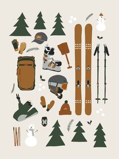 various ski equipment are arranged in the shape of a snowboarder's head