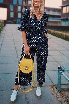 Polka Dot Hlaf Sleeve Jumpsuit Chic Polka Dot Jumpsuits And Rompers For Summer, Summer V-neck Polka Dot Jumpsuits And Rompers, Casual V-neck Polka Dot Jumpsuits And Rompers, Polka Dot Jumpsuit, Oh My Love, Jumpsuit With Sleeves, The Navy, Blue Polka Dots, Summer Day