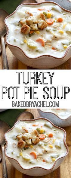 two bowls filled with turkey pot pie soup