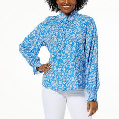 TWRHLL by Christie Brinkley Smocked Blouse   Bound to become your new fashion favorite, Christie Brinkley's romantic blouse silhouette wins you over with its gently-crinkled fabrication, gathered neckline and button-down style. Blouse Silhouette, Floral Sketch, Smocked Blouse, Christie Brinkley, Gathered Neckline, Romantic Blouses, Smock Blouse, Blue Blouse, Unique Fashion