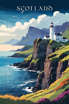 a painting of a lighthouse on top of a cliff next to the ocean with mountains in the background