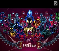 the spider - man movie poster is shown with many different colors and characters on it