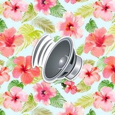 a speaker surrounded by pink flowers and green leaves on a blue background with palm leaves