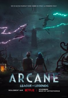 the movie poster for arcane, featuring two people sitting in front of a clock tower