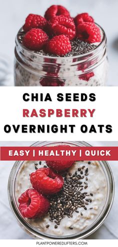 chia seeds raspberry overnight oats in a glass jar with berries on top