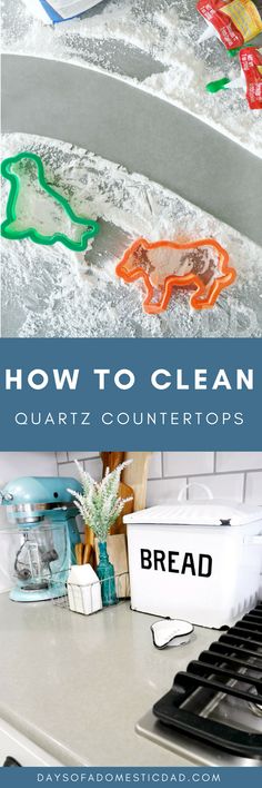 the words how to clean quartz countertops are displayed in front of a stove top