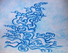 an artistic drawing of waves in blue ink