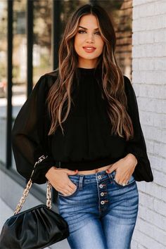 Marquee Mock Neck Billowed Blouse - Black – Groovy Mimi Off Shoulder Evening Gown, Trendy Crop Tops, Skater Style, Slouched Boots, Mini Skater Dress, Elegant Blouses, Skirts With Pockets, Pouch Bag, High Neckline