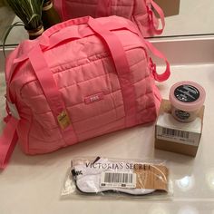 New With Tags Quilted Pink Duffle Bag , 2 Pair 1 White And 1 Black And Coco Body Butter 6.7 Oz With Box Quilted Duffle Bag, Pink Beach Bag, Pink Duffle Bag, Cooler Tote Bag, Victoria Secret Tote Bags, Retro Bags, Bags Pink, Pink Crossbody Bag, White Tote Bag