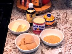 the ingredients are on the counter ready to be put into bowls for making cookies and pies