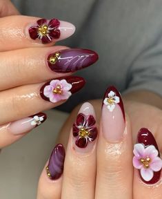 nailsbyel_19 on instagram nail inspo, floral nails, purple/maroon nails, nail art, nail tech, acrylics, gel x Karwa Chauth Nails, Maroon Nails Design Ideas, Fall Nail Art Ideas, Simple Nail Art, Maroon Nails, Fall Nail Art Designs, Cozy Season, Fall Nail Art, Nail Art Ideas