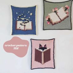 three crochet patterns for pillows and pillow cases with the words'crochet pattern pdr '