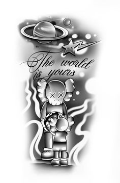 a black and white tattoo design with an image of a person holding a teddy bear