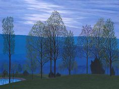 a painting of trees in the distance with blue sky and clouds behind them at dusk