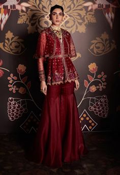 Ridhi Mehra | Rukm Burgundy Gharara Set | INDIASPOPUP.COM Organza Gharara, Ridhi Mehra, Burgundy Outfit, Embroidered Crop Tops, Saree Designs Party Wear, Sharara Set, Embroidered Neckline, Indian Fashion Dresses, Designer Gowns