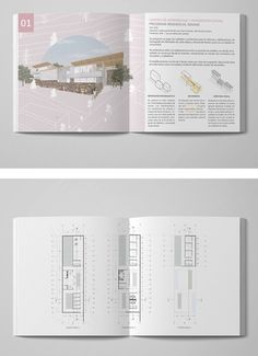 an open book with drawings on the cover and inside pages showing different sections of architecture