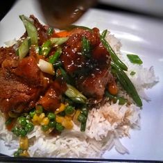 a white plate topped with rice and meat on top of it's side dish