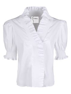 Finley "Cici" solid poplin shirt with ruffle trim and smocked details Approx. 22"L from shoulders to hem V neckline; button front Elbow puff sleeves; approx. 14"L Rounded hem Relaxed fit 60% Cotton / 34% Polyester / 6% Spandex Unlined Machine wash cold Made in the USA Style #3543034 Additional colors/sizes available at Wrap Shoes, Gorgeous Blouses, Embroidered Monogram, Summer Weather, White Solid, Basic Shirts, Top Gifts, Poplin Shirt, Ruffle Trim